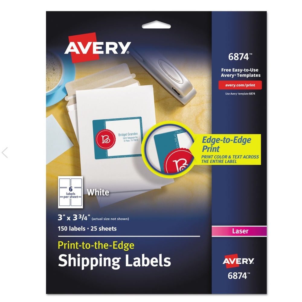 Avery 6874 Color-Printing Shipping Labels, 3 x 3-3/4, White, 150/Pack